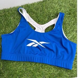Reebok Womens Blue Pink Racerback Sports Bra Medium Support Logo Workout Top